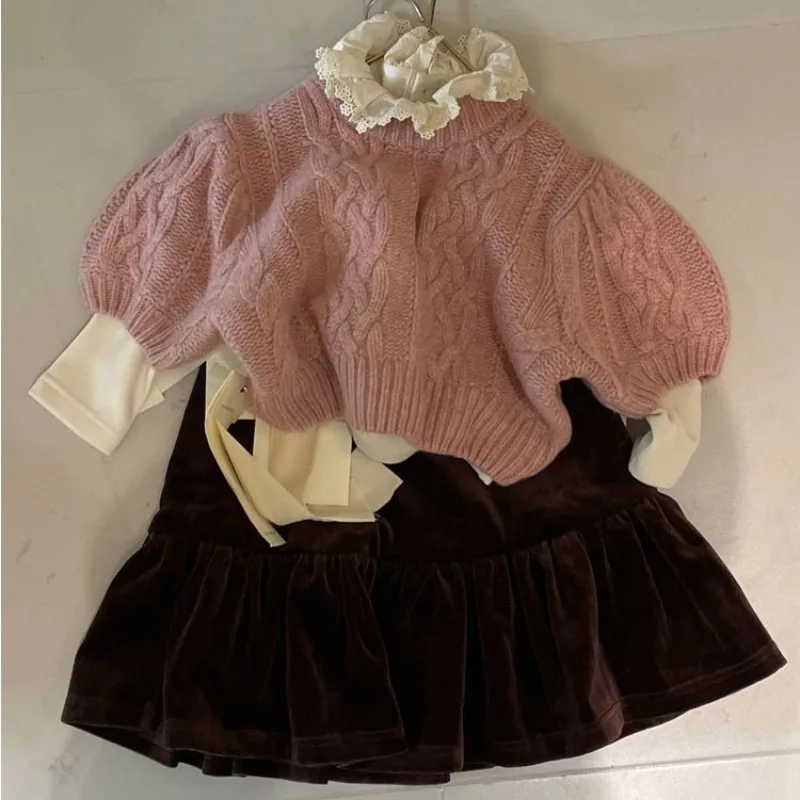 Spring Autumn New Sweet Lace Girls Outfit Set with T-shirt Knitted Sweater And Skirt 3pcs Children's Clothing Ensemble