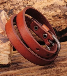 G522 Light Brown Punk Biker Cool Metal Buckle Double Wrap Leather Bracelet Cuff Men's