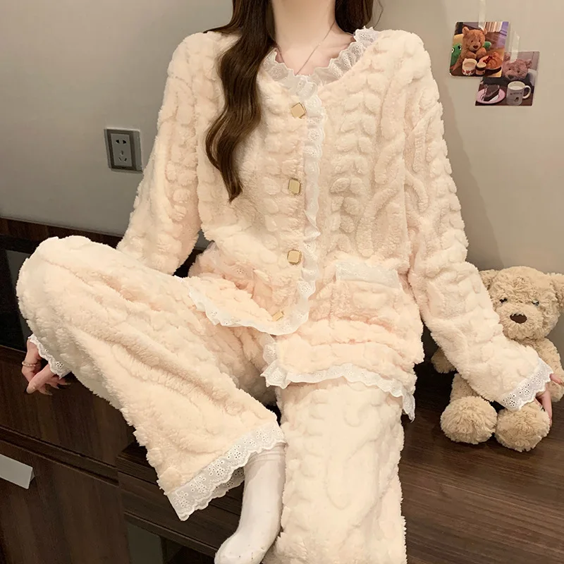 

M-2XL 2pcs/Set Women Winter Pajamas Large Size Thickened Warm Sleepwear Korean Sweet Loose Coral Fleece School Pjs Homewear