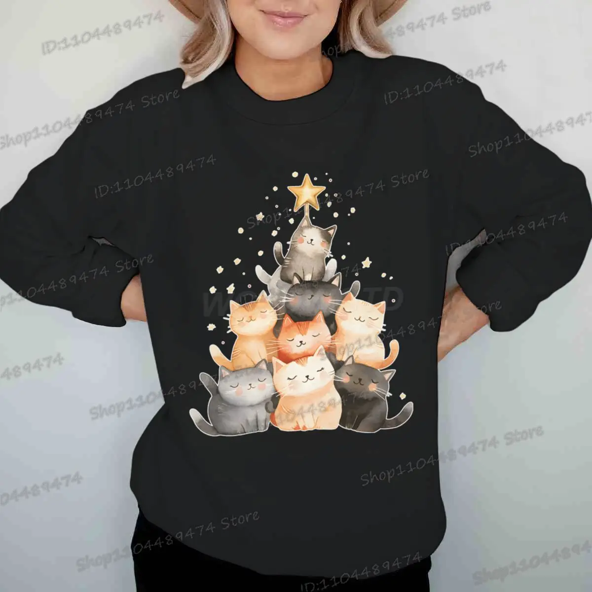 جديد عيد الميلاد للجنسين بلوزات الكرتون القطط شجرة عيد الميلاد سترة الموضة عادية مستديرة الرقبة بلايز النساء الرجال عيد الميلاد البلوز