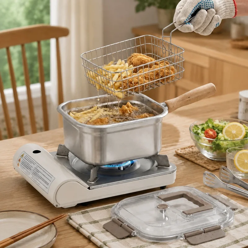 Deep Frying Pot with Handle, Lid, and Basket - Square Stainless Steel Oil-Saving Cooker for Multi-Purpose Use