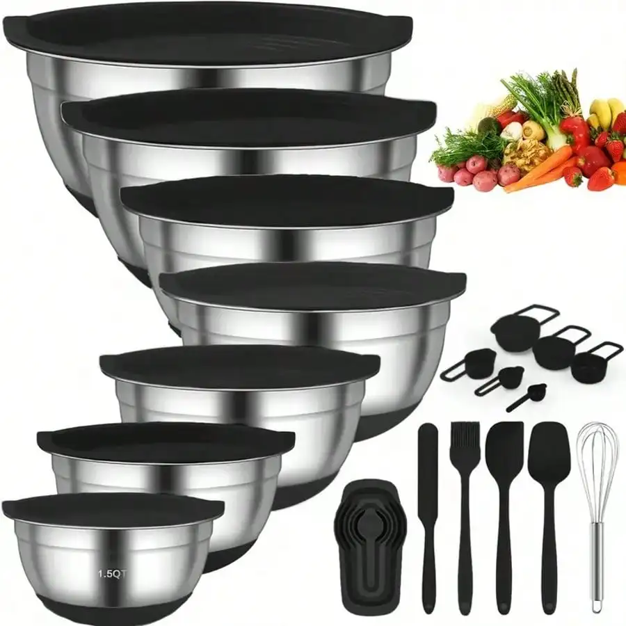 

7-Piece Stainless Steel Mixing Bowls - Airtight Lids & Non-Slip Silicone Base