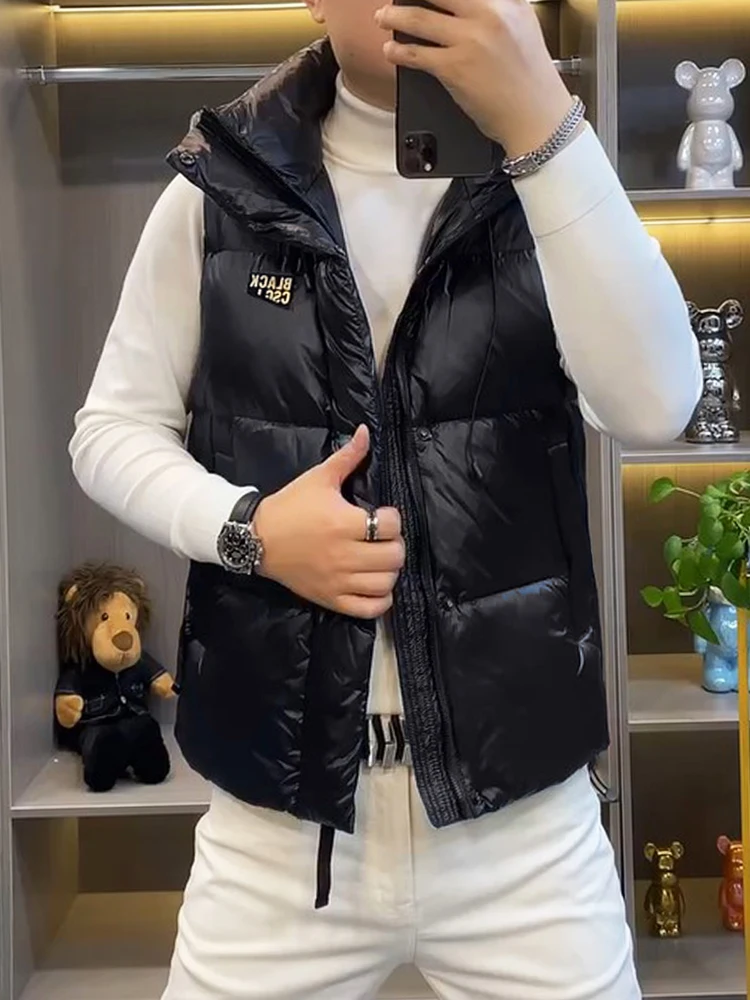 

2025 New Bla Gold Vest Men's Windproof Warm Hooded Svel Top Winter Casual Versatile down oulder Pad ex Streetwear