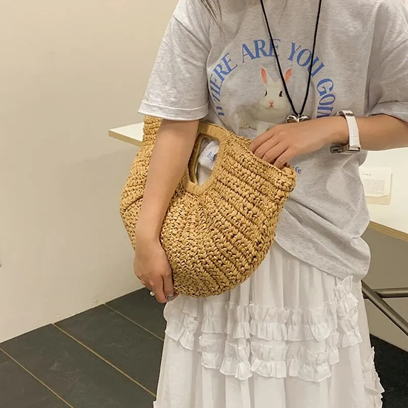 Summer Straw Women Half-moon Beach Handbag Rattan Handmade Handle Fashion Kintted Tote Bag