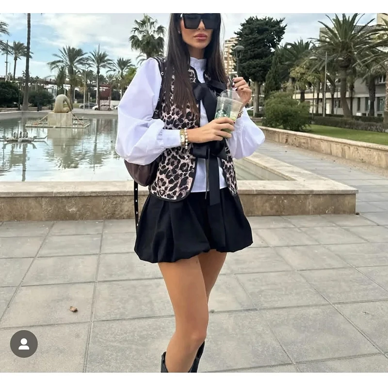 

Spring Summer New Women's Commuter Sle Loose Retro V-ne Svel ort Length Leopard Print Cotton Vest Top