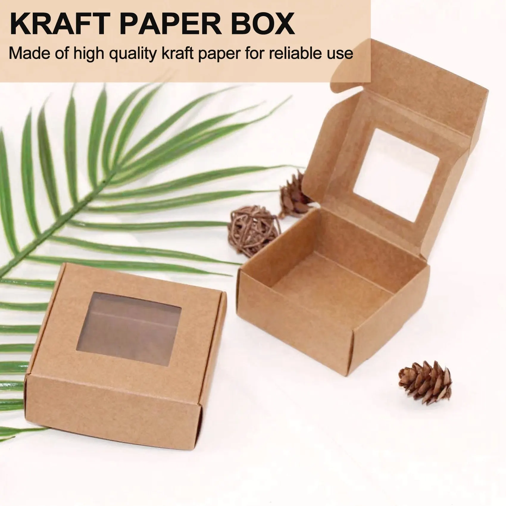 Mini caja de papel Kraft de 50 piezas con ventana, caja de embalaje para regalo, caja de golosinas para jabón casero, dulces de panadería (marrón)