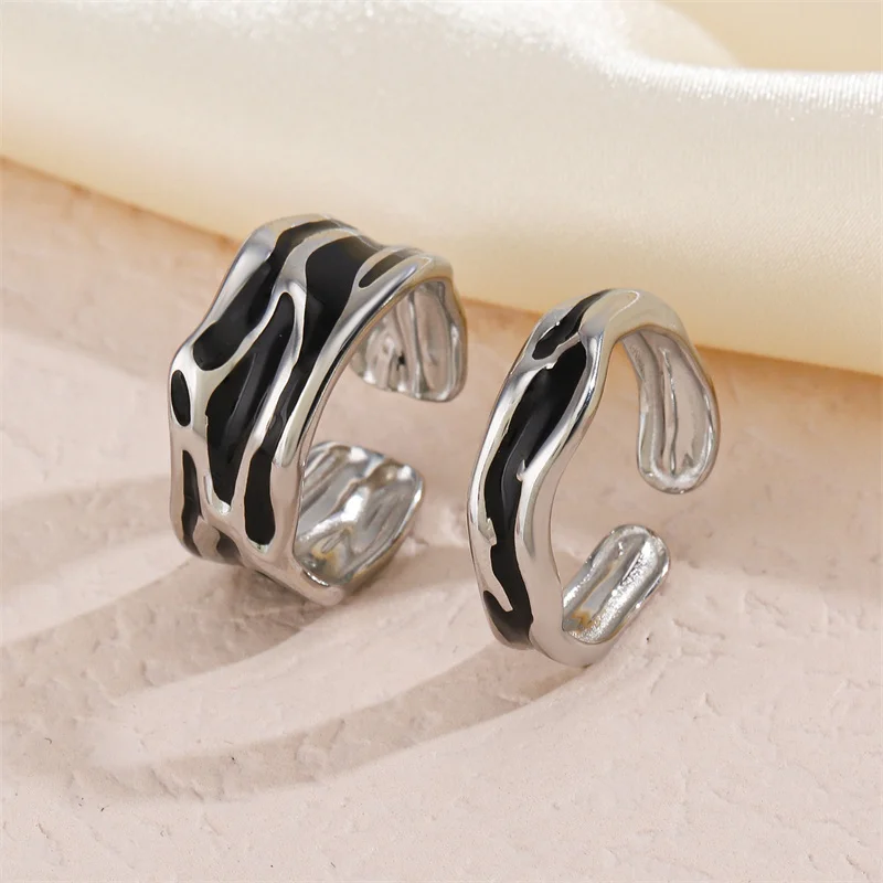 Gothic Retro Black Dripping Oil Wide Narrow Wave Pattern Couples Rings Fashion  Irregular Geometric Open Adjustable Lovers Ring