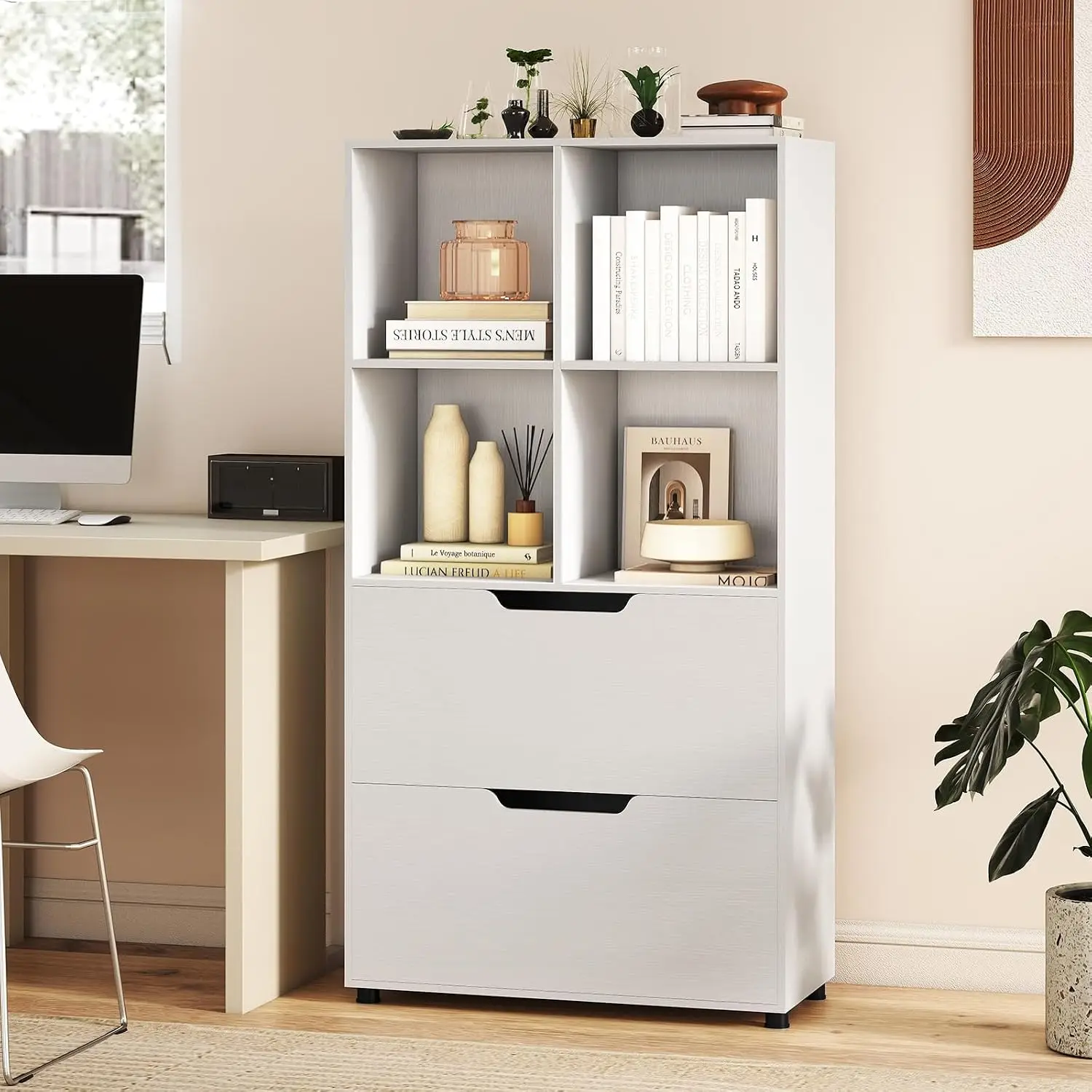 White 4-Cube Bookshelf with 2 Drawers, Farmhouse Storage Organizer for Home Office Bedroom, Wooden Bookcase, Customized