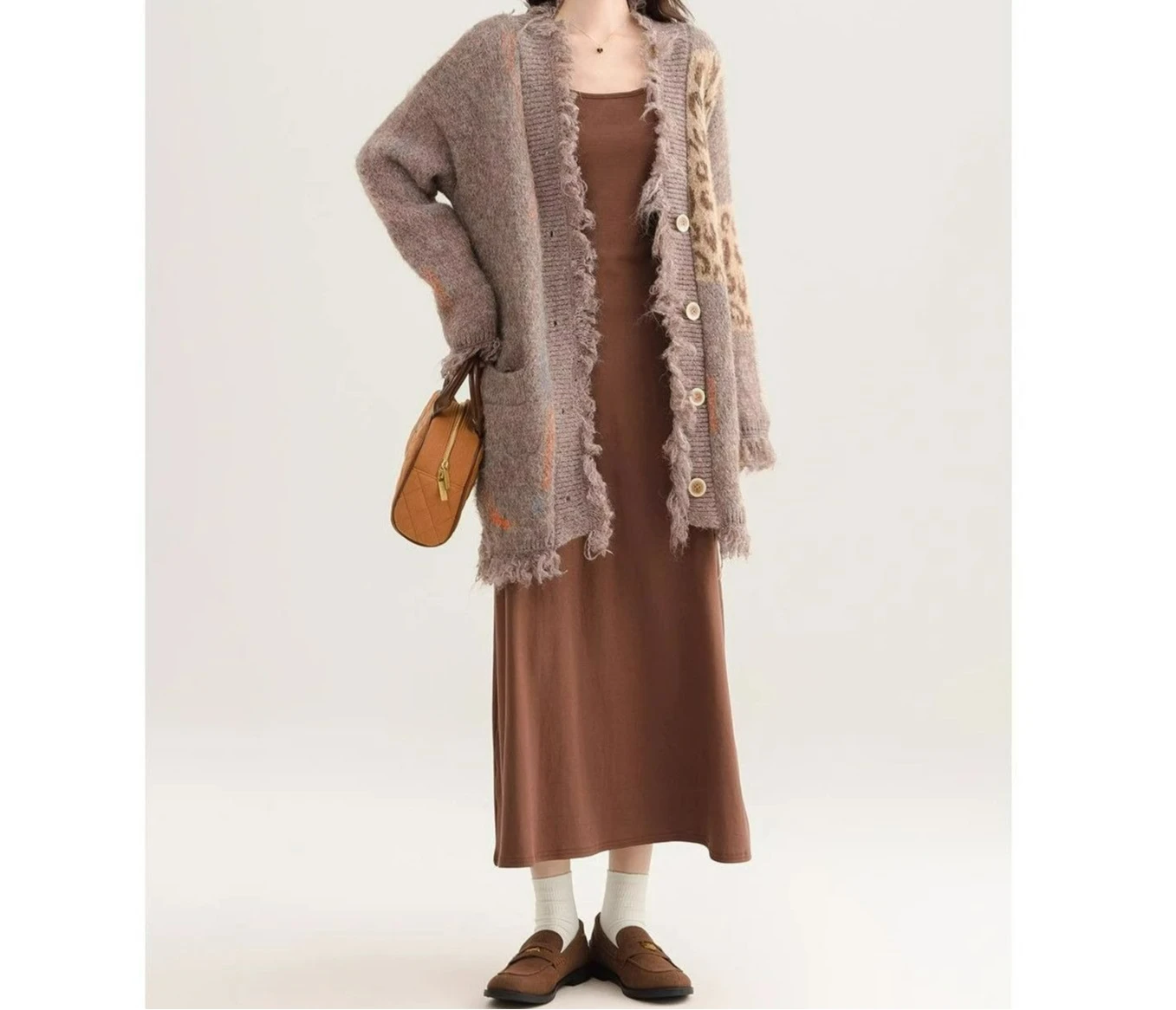 Cárdigan suelto de punto empalmado para mujer, suéter con diseño de leopardo grueso Vintage, abrigo para otoño e invierno