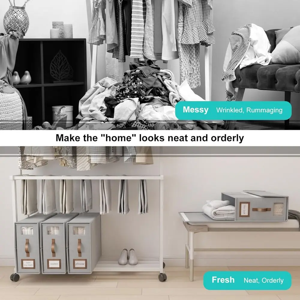 Szary składany organizer na pościel typu Cal King z uchwytem do przechowywania pościeli i poszewek na kołdrę