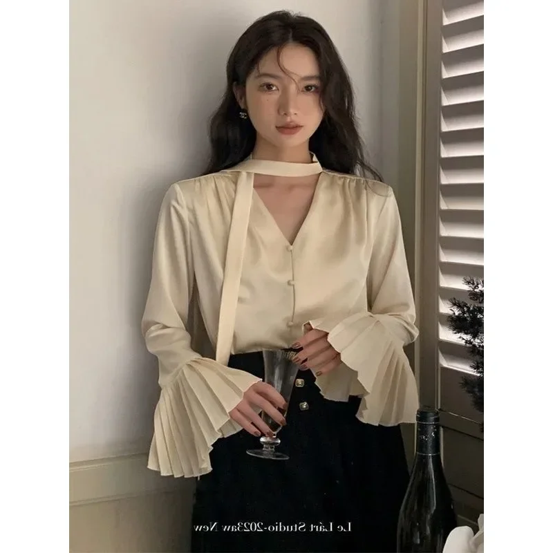 QWEEK Korean Style Luxury Solid Shirts Flared Sleeve Elegant and Youthful Minimalist Blouses Oversized Women\'s Clothing Autumn