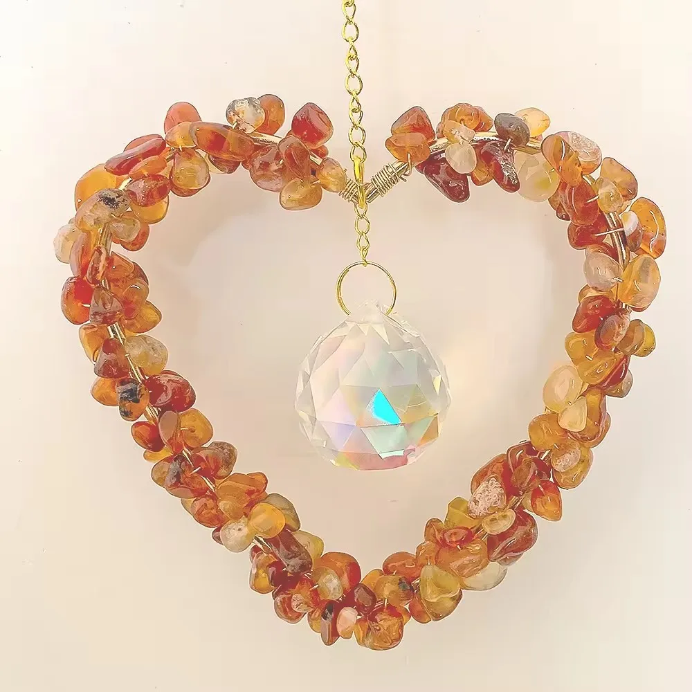 Custom Gold Heart Shape Red Agate Crystal Chip Sun Catcher - Glass Pendants Hanging Ornament for Window Decor