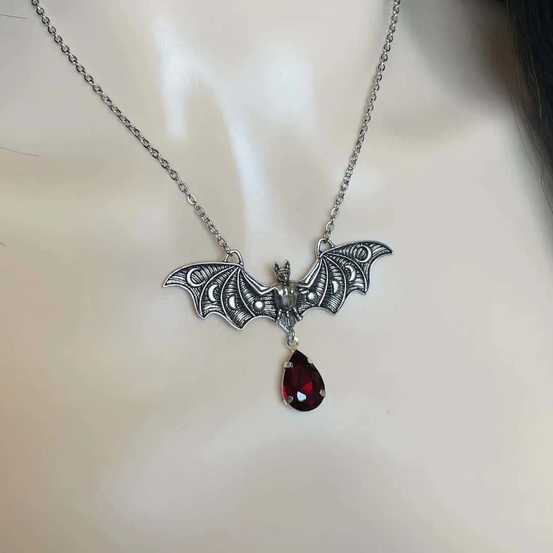 Lucky Bracelet Hand String Cross Border Ruby Water Drop Vampire Queen Crescent Moon Bat Gothic Wind Silver Moon Goddess Necklace