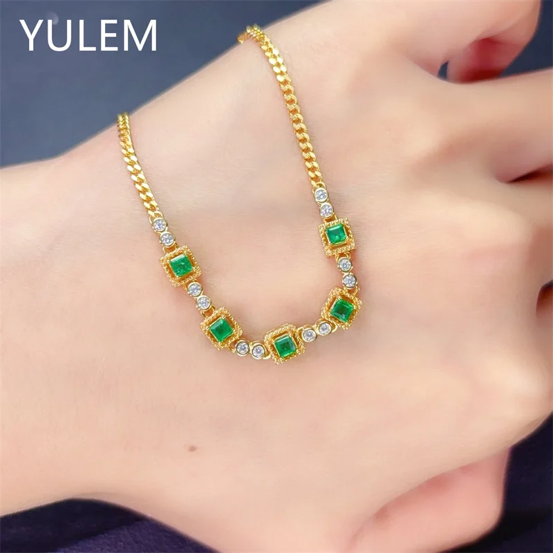 

YULEM New Arrival Natural Sqaure Cut Emerald 3x3mm with Silver 925 Bracelet for Women Daily Wear