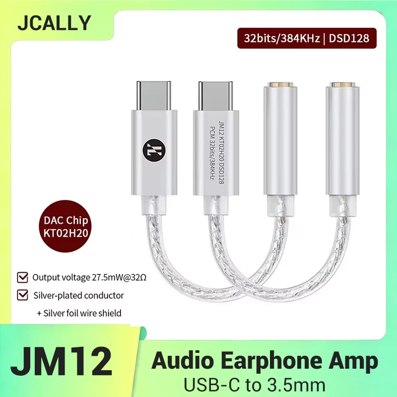 JCALLY JM12 3.5mm Silver Plated Easy Audio Adapter Carry USB C Digital Audio Adapter KTO2H20 DAC Chip/DSD128 Audio Earphone Amp