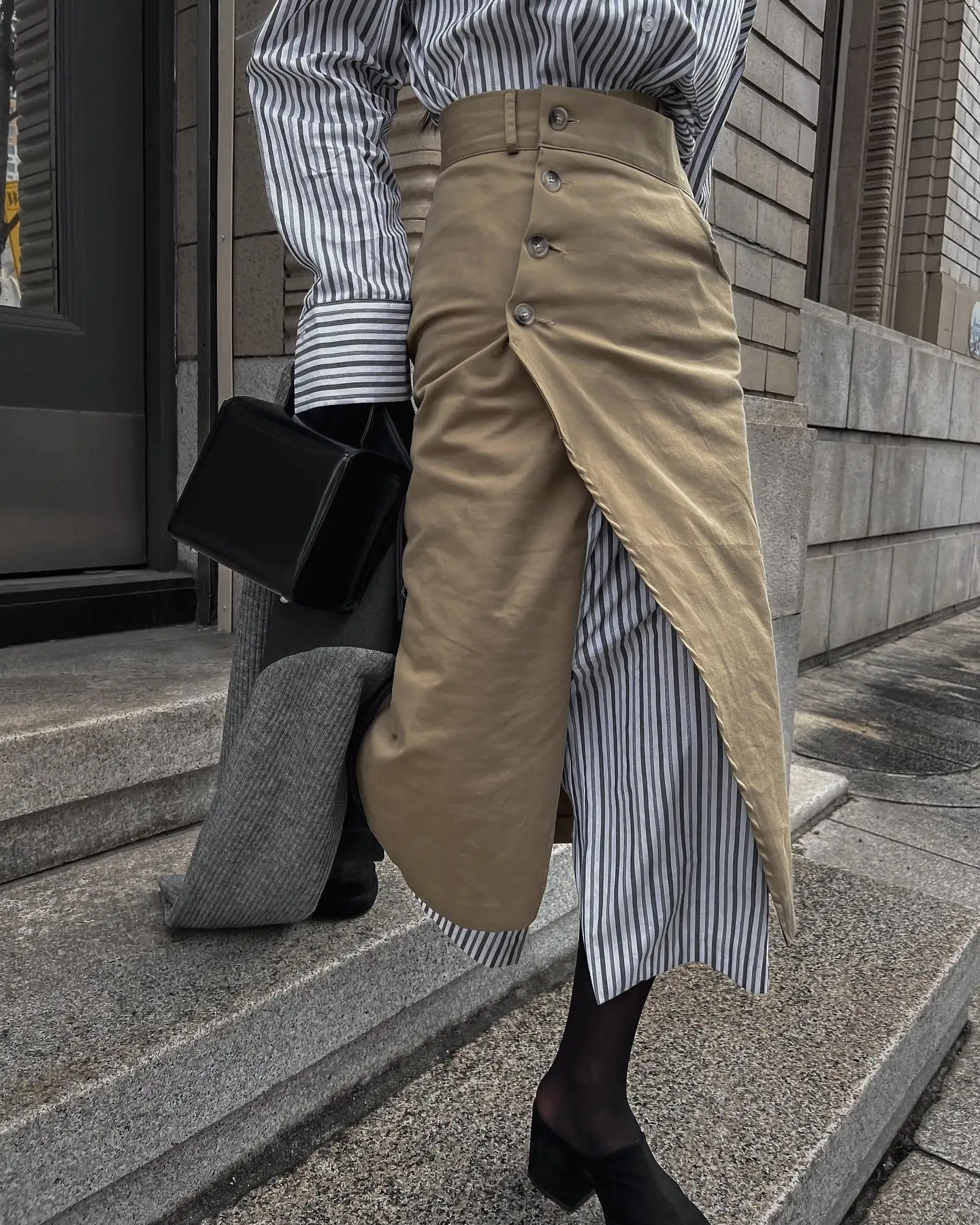 

High Waist Asymmetrical Side Bule Midi Skirt Women's Retro Faion Slimming Split Splicing Fake Two-Piece Wrap around Skirt