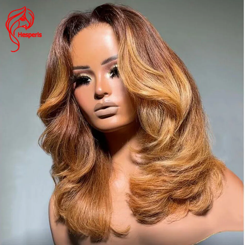 

Hesperis Ombre Light Brown Layered Cut Wavy 13x6 Lace Front Human Hair Wigs Pre Plucked Blonde Ombre Lace Wigs For Women