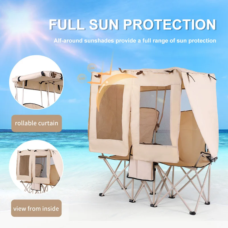 Outdoor Foldable Camping Chair with Canopy  360° Sun Protection Storage Bag Two-Person Fishing Beach Chair
