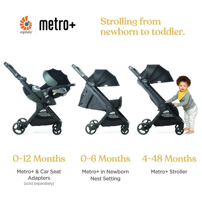 Ergobaby Metro + Stroller bayi, kereta dorong bayi ringan dapat dilipat ke bawah untuk penyimpanan pesawat atas kepala