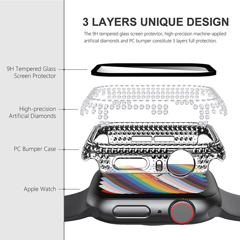 Glass+Diamond Case for Apple Watch Series 7 8 45mm 41mm Glitter Rhinestone Protector Full Protection Bumper for Iwatch Series 9