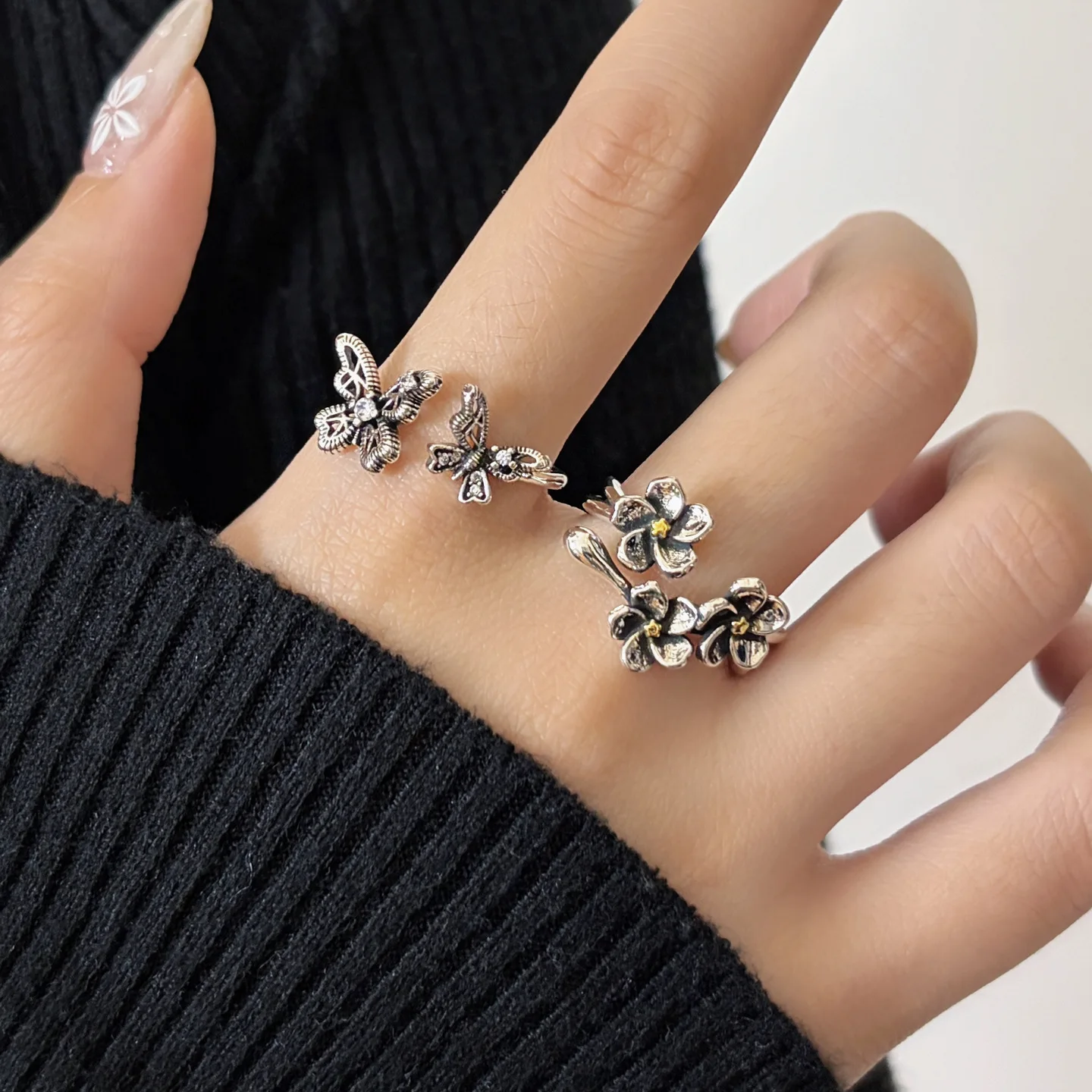 VENTFILLE 925 Stamp Silver Retro Butterfly Flower Ring for Women  Fashion Adjustable Old Opening Party Jewelry Gifts Dropship