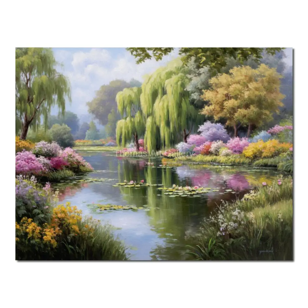 Water Lily Willow Pond Canvas Wall Art Impressionist Landscape HD Printed Poster Picture for Contemporary Living Room Decor