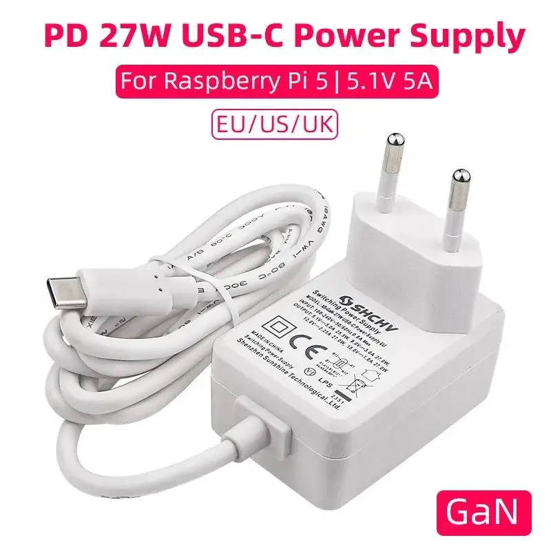 Adaptador de Alimentação para Raspberry Pi 5, 5A, 5.1V, 5A, Fonte de Alimentação, PD 27W, USB Tipo C, GaN Charger, EU, US, UK Plug, Raspberry Pi 5, 4B