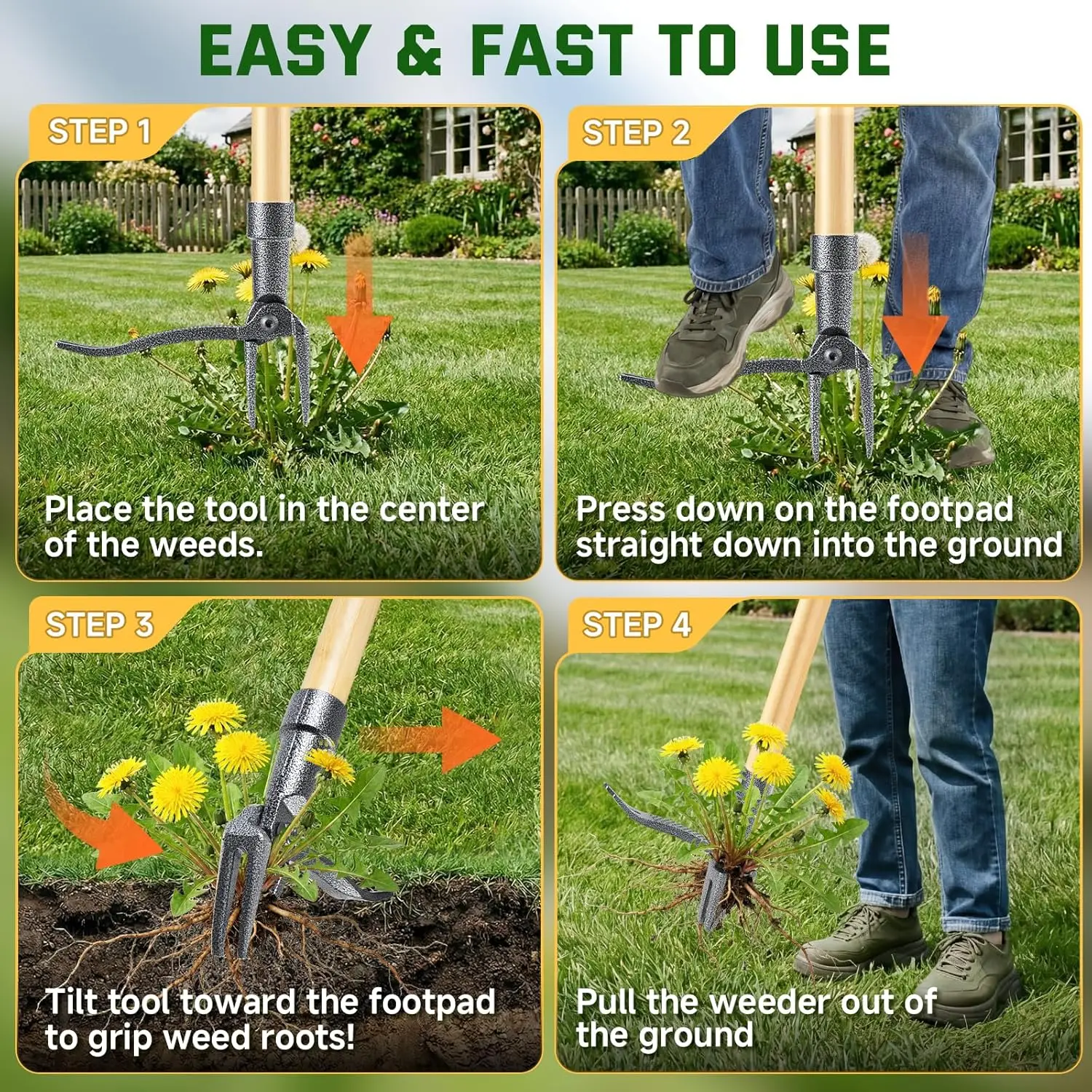 Rafford Heavy-Duty Upright Root Remover — Featuring a Four-Claw Head and Extended Handle — An Essential Gardening Weeding Tool