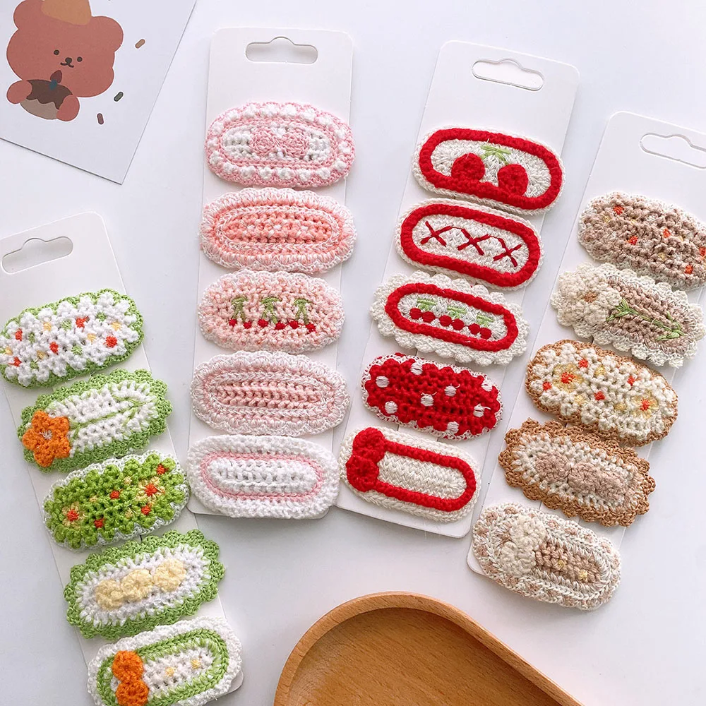 5pcs Crochet Side Bangs Clips Y2k Knitted Hair Clip Handmade Floral Weave BB Clip Barrettes Kids Girls Headwear Hair Accessories