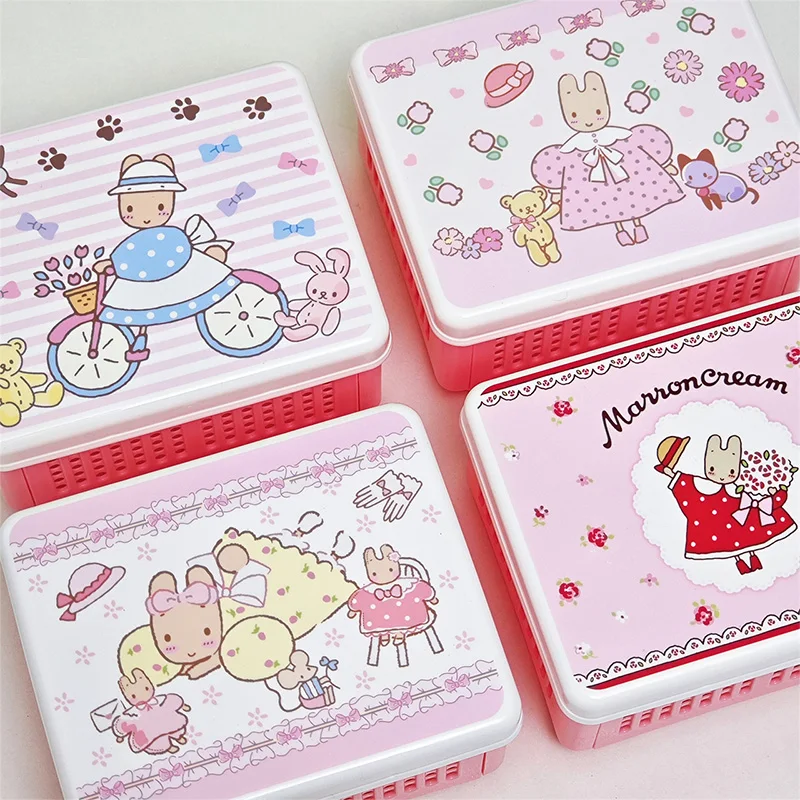 Caixa de Armazenamento em Creme Marron com Design de Desenho Animado, Grande Capacidade, Caixa de Armazenamento de Material de Escritório com Tampa, Cesta de Armazenamento para Cosméticos, Presente