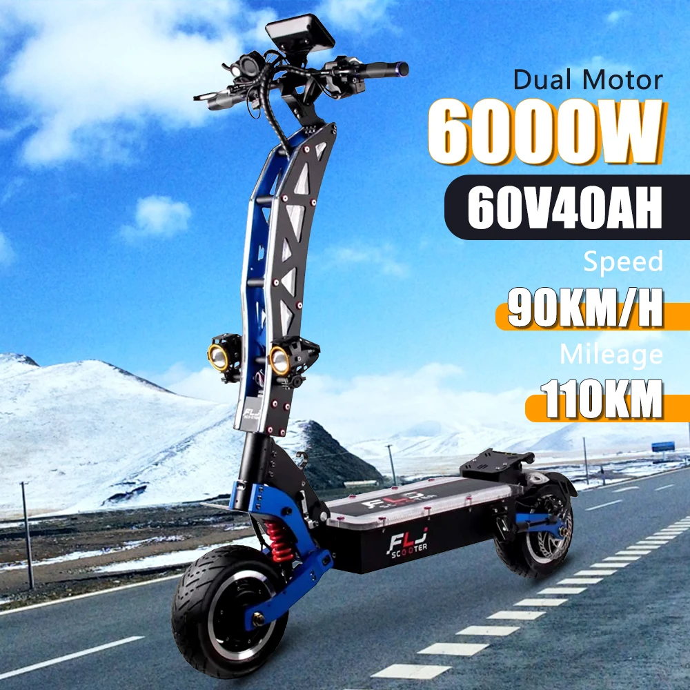 E8P 6000W Dual Motor 60V 35AH Electric Scooter 11 inch Off-Road Tyres with Seat Max Speed 85-90km/hLCD Display Foldable Escooter