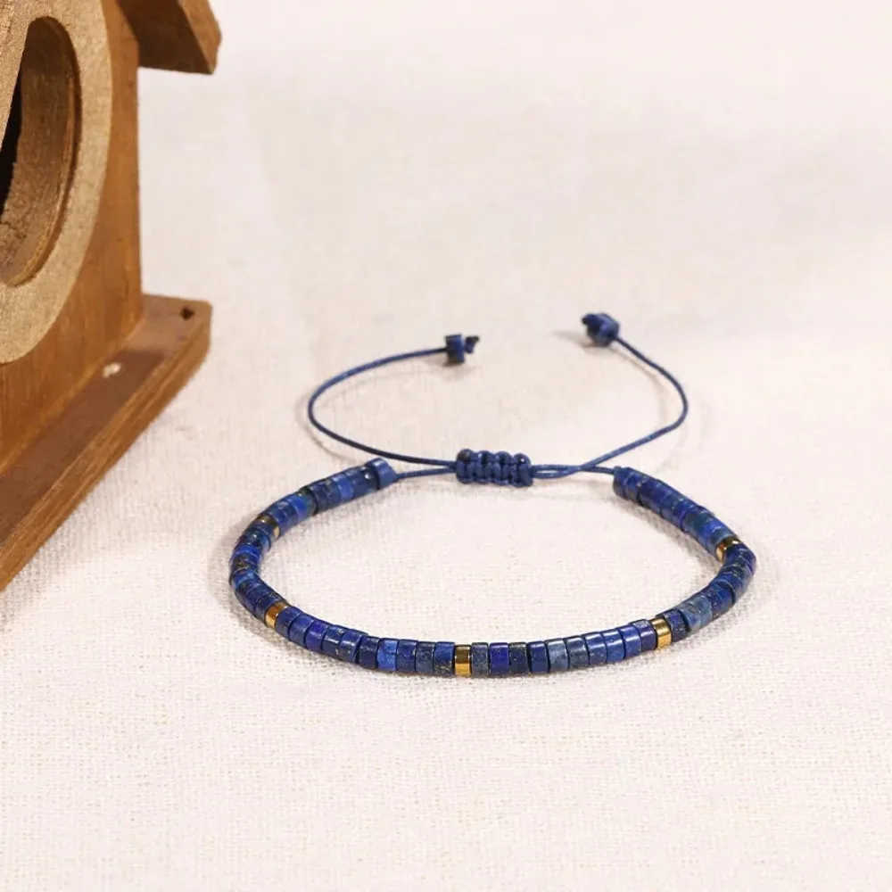 Tiny Lapis Lazuli Disc Bead Adjustable Braided Bracelet Bohemian Healing Crystal Stackable Bracelet Unisex Natural Stone Jewelry