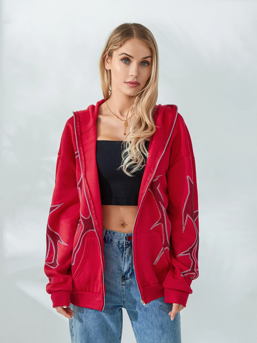 เสื้อสเวตเชิ้ตมีฮู้ดขนาดใหญ่สำหรับผู้หญิงพร้อมดีไซน์ลายพิมพ์ที่เป็นเอกลักษณ์และซิปปิดที่สะดวกสบาย เสื้อแจ็คเก็ตแขนยาวแสนสบายพร้อม