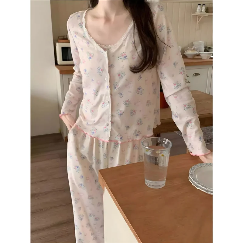 Korean Cartoon Floral Lace Sleepwear Women's Spring Summer Autumn Three-piece Set Knitted Ribbed Chest Pad Home Clothes