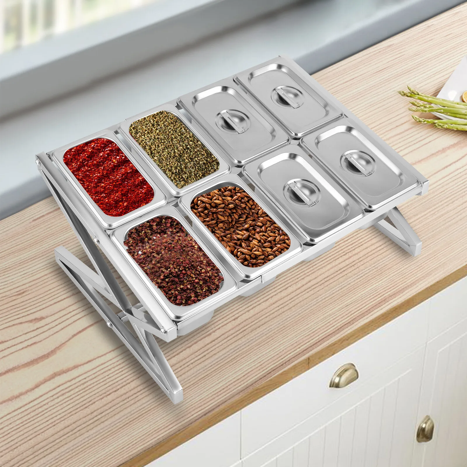 

Adjustable Stainless Steel Spice Rack with 8 Pans & Lids, 33lbs Load Triangular Design for Kitchen Organization organizer box