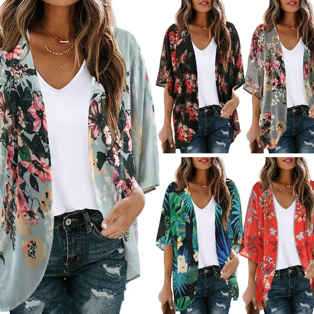 Dames strandshirt bloemenprint korte mouw open steek ademend vest zon anti UV losse dame strand cover-up top