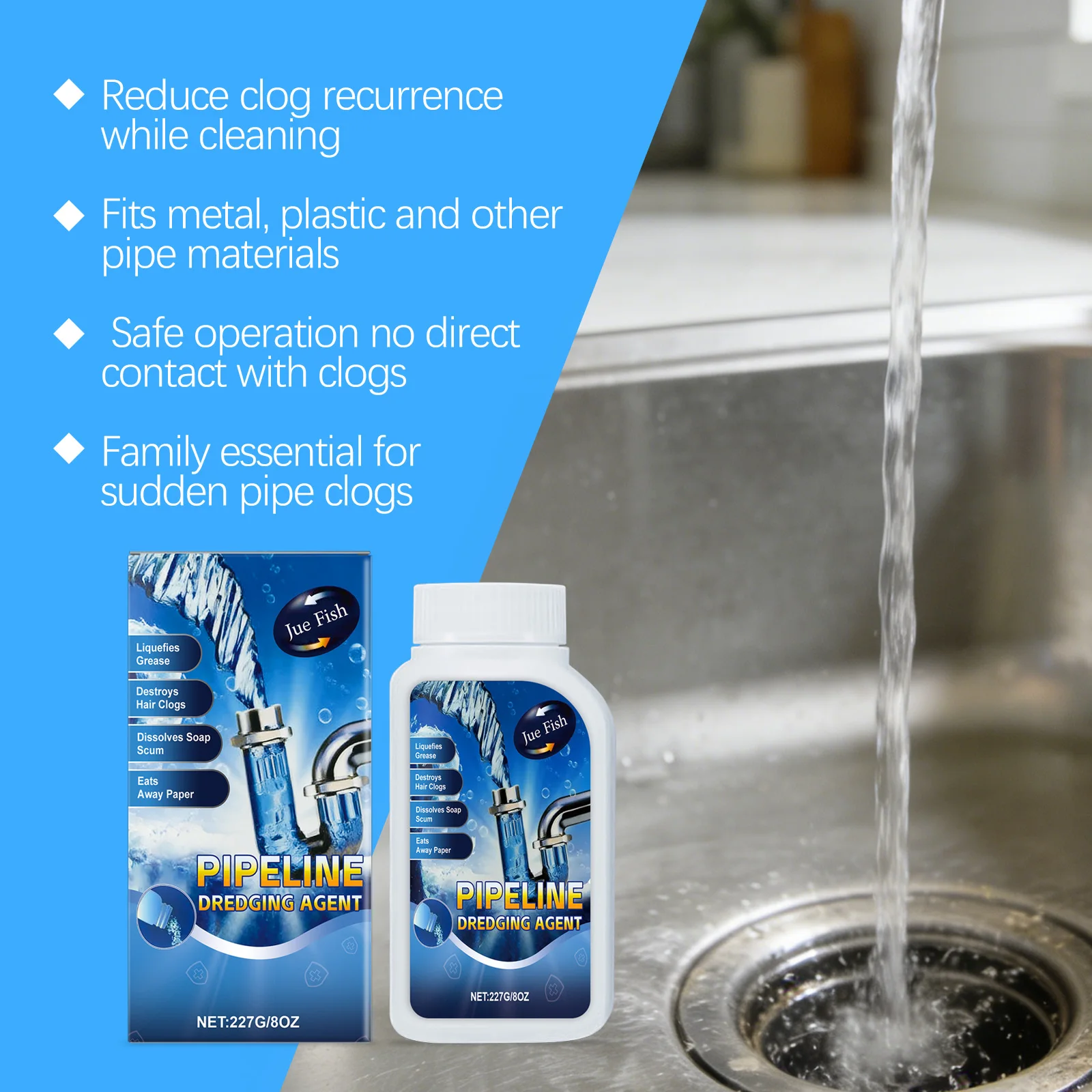 Powerful Pipe Dredge Agent Fast Dissolve Clogs Drain Unblocker for Kitchen Sink Deodorize Odor Pipe Home Pipeline Cleaning Agent