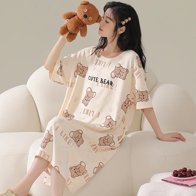 Women\'s Nightgown Korean Version Girls Homewear Sweet Wind Cute Cartoon Thin Section Loose Pajamas Kawaii Cute Breathable Casual