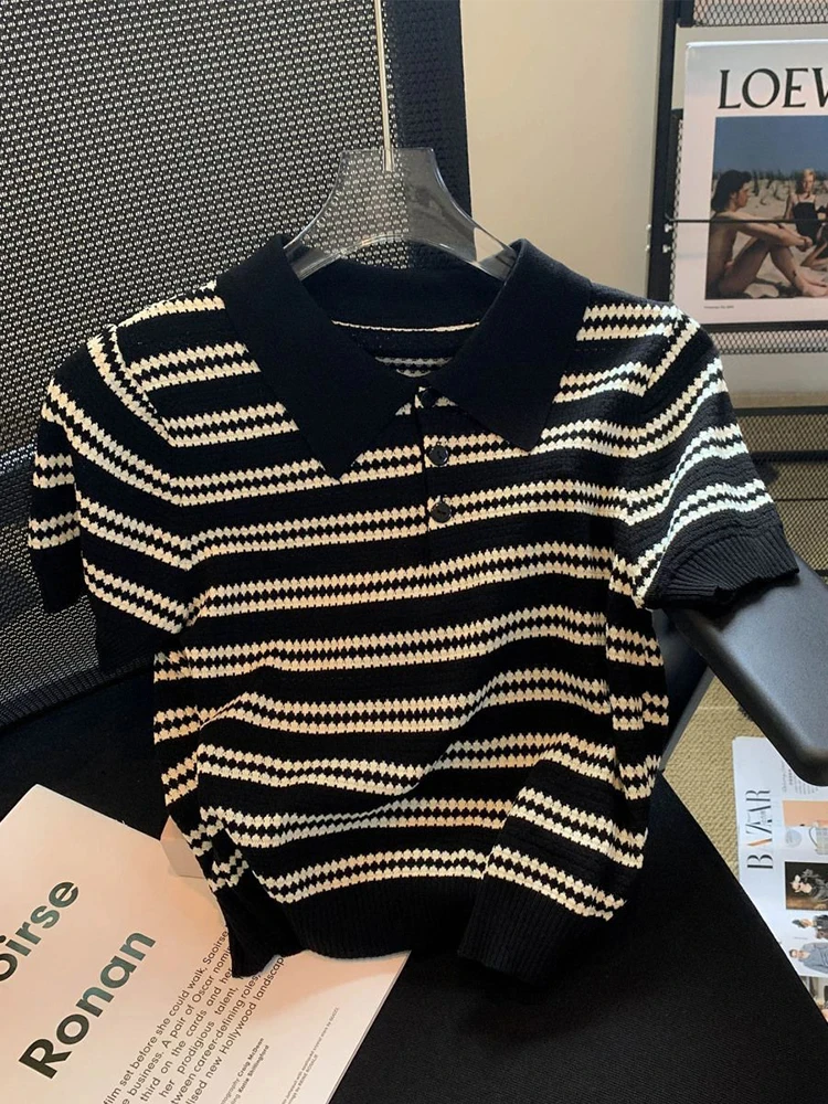 

Вязаная полосатая рубашка-поло, летние женские топы с короткими рукавами, модная повседневная универсальная футболка с коротким рукавом, корейская женская одежда