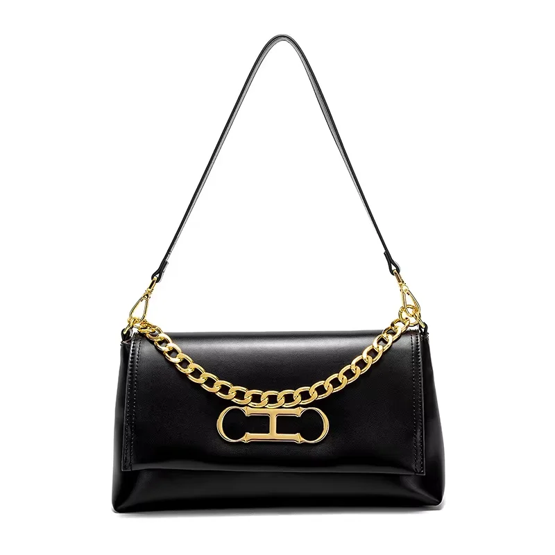 

CH Elegant Black Leather Women Shoulder Bag Metal Logo Flap Handbag Chain Strap Office Commute Daily Casual