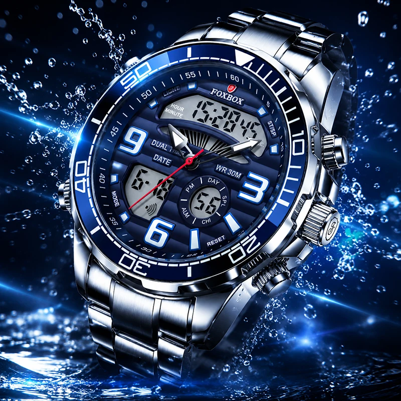 FOXBOX New Men's Sport Watch Waterproof Stainless Steel LED Digital Analog Wristwatch Fashion Luxury Blue Dual Display Watch Men
