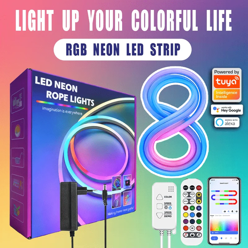24V TUYA RGBIC Neon Strip Lights, 1M/2M/3M/5M/10M Tuya LED Neon Light Strip with Music Sync RGBIC Dreamcolor Chasing Strip Tape