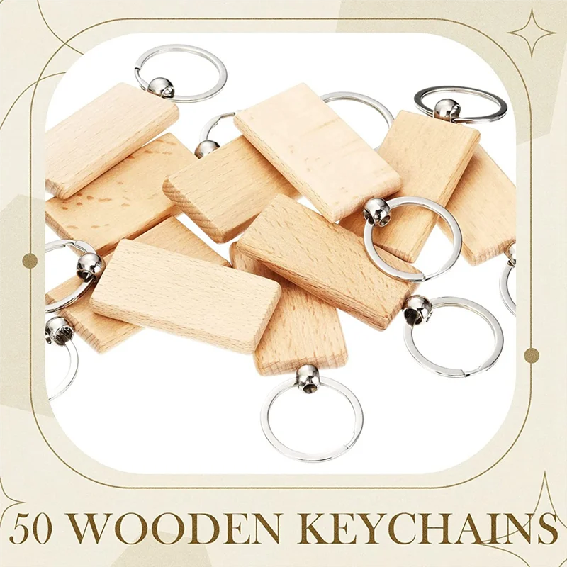 50 Pieces Blank Wooden Key Tag Key Engraving Blanks Unfinished Wood Keychain Key Ring Key Tags for DIY Crafts,Rectangle