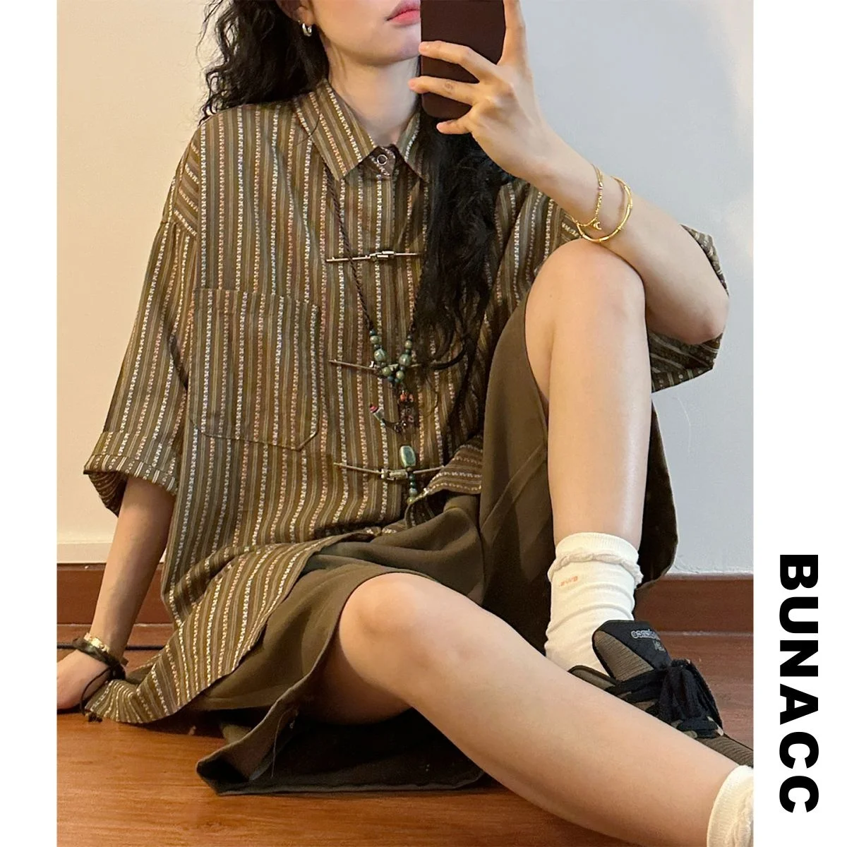 

Summer American Retro Hong Kong Style Striped Short Sleeve Loose Design National Style Button Shirt Women's Fashion Premium