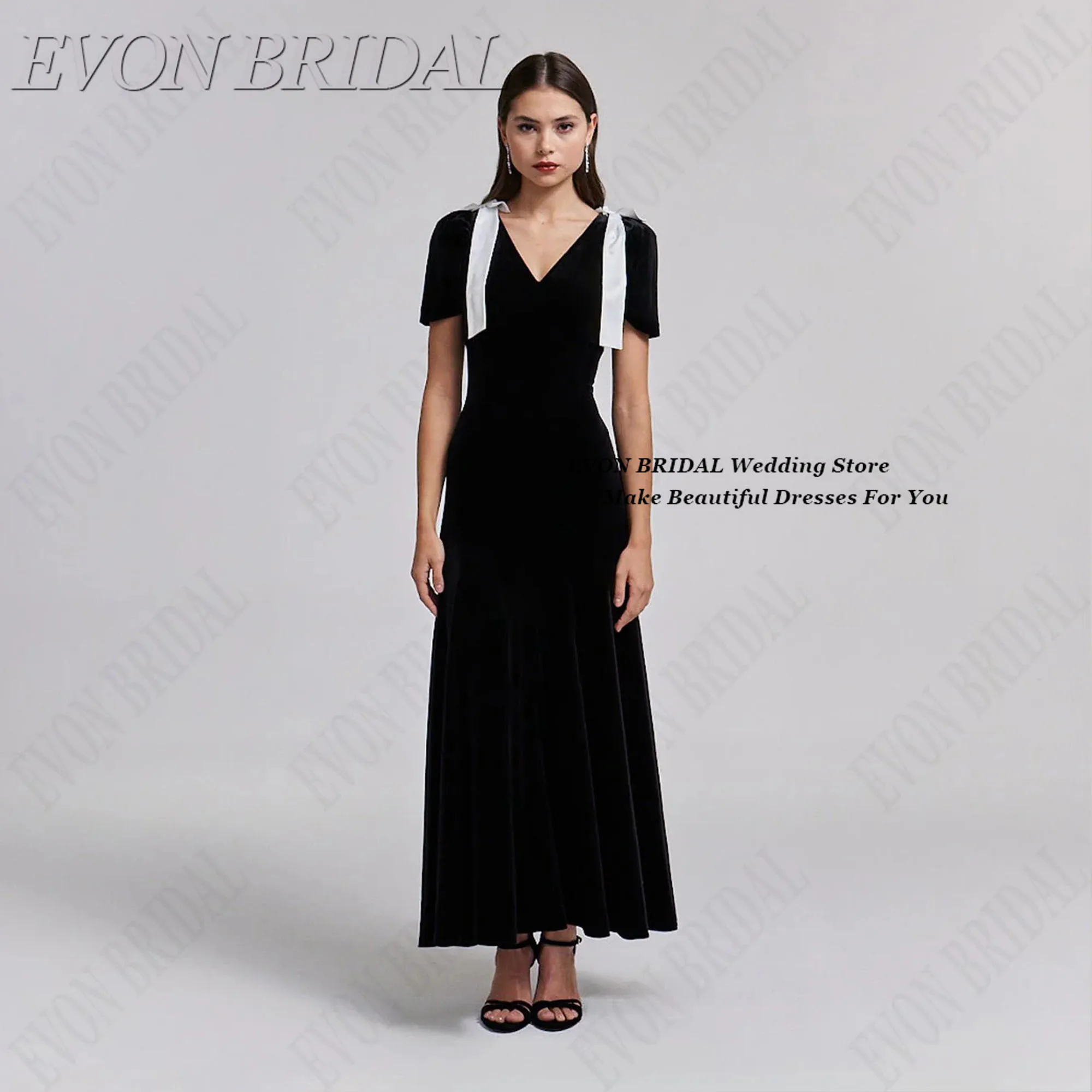 

EVON BRIDAL Bow Wedding Evening Gown Color Clash Woman Ceremony Dress Black And White V-Neck Evening Party Dress Customized