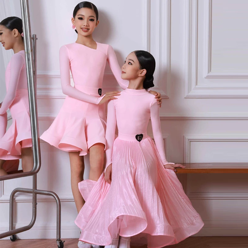 Crianças vestidos de dança profissional meninas rosa mangas compridas dança latina desempenho traje crianças dança de salão wear sl14009