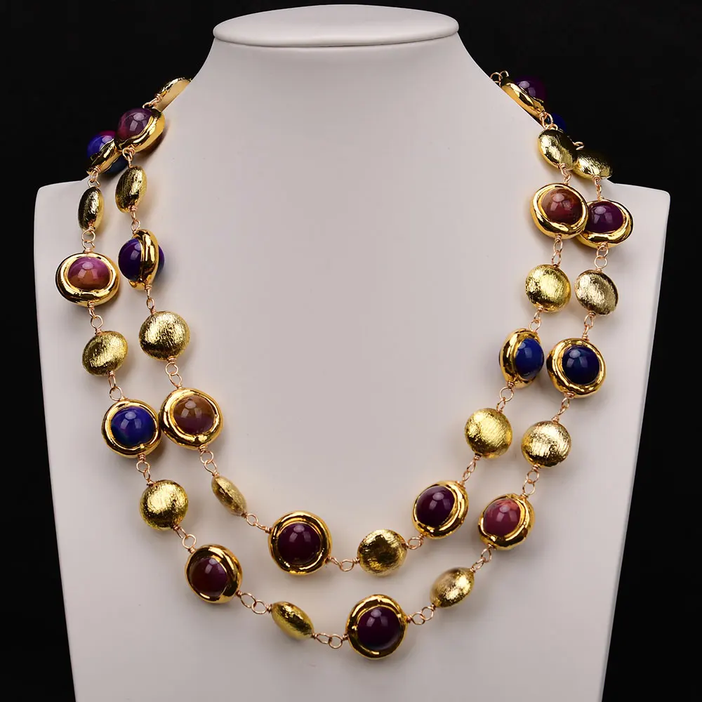 

GG 2-рядный натуральный смешанный цвет межзвездный океанский агат ободок комплект позолоченные монеты матовые бусины ожерелье