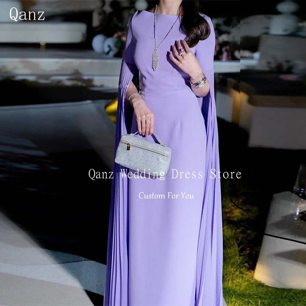 Qanz Dubai Vintage Evening Dresses Boat Long Cape Sleeves Arabic Arab Luxury Dresses Women Lilac Satin Robe De Soiree Customized