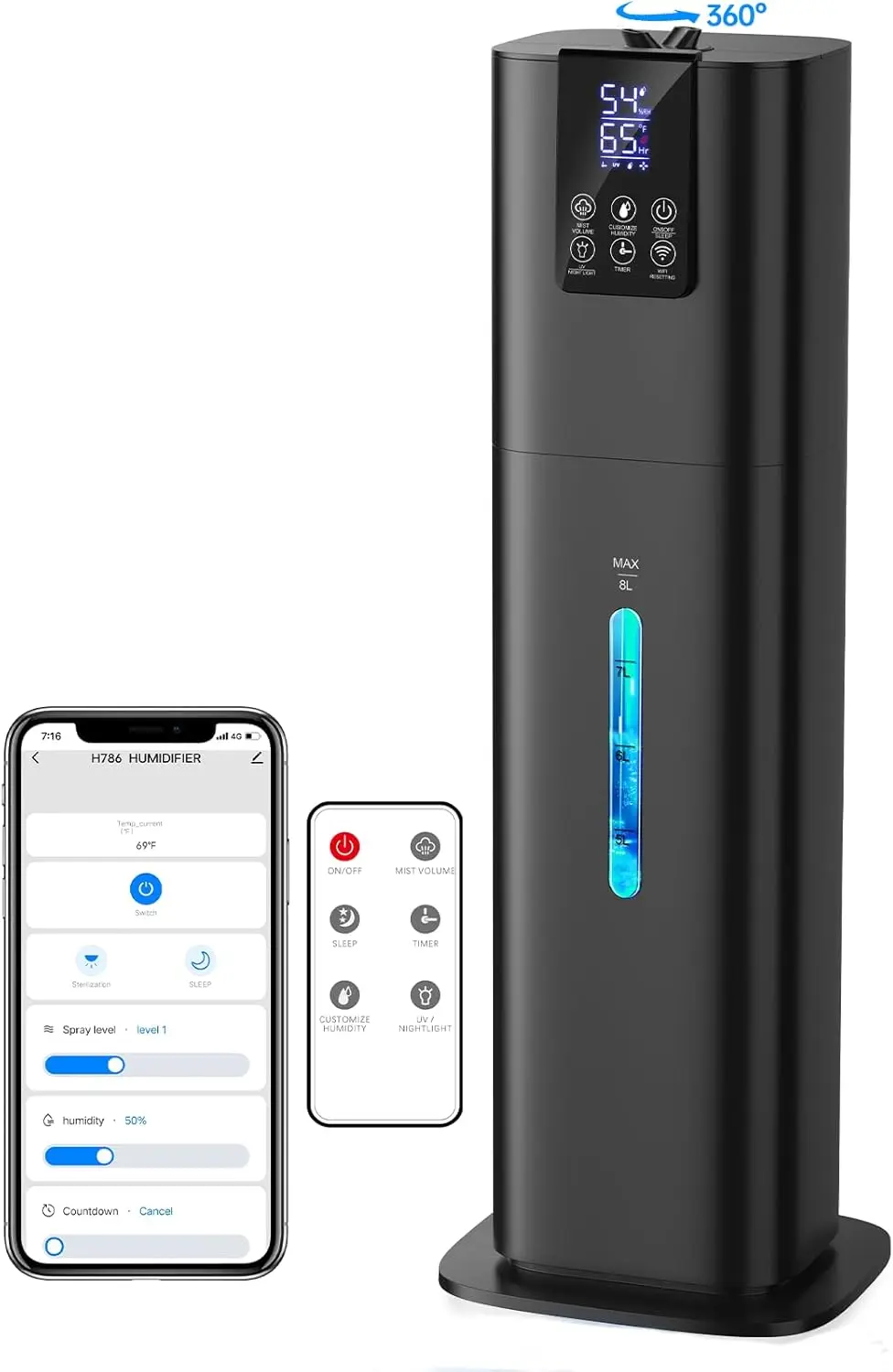 

8L Smart Humidifier for Bedroom, Cool Mist Top Fill with App & Remote Control, 3 Modes, Quiet Operation, Black