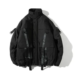 Novas fitas bolsos jaqueta de inverno dos homens grosso hip hop streetwear parka casacos masculinos casuais acolchoados jaquetas roupas masculinas tamanho dos eua